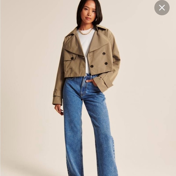 $120 Abercrombie & Fitch NAVY Cropped Double Breasted Trench Coat Jacket blazer - Picture 1 of 10